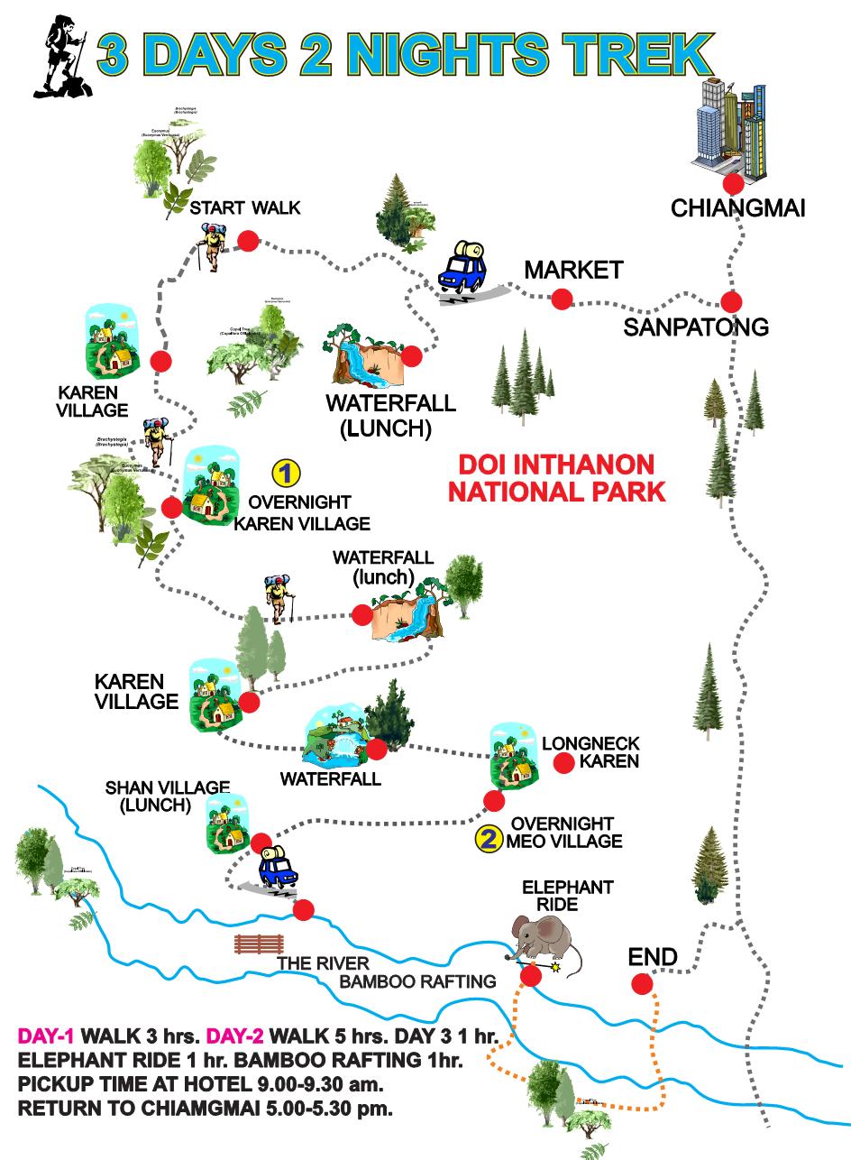Karte vom 3 Tage 2 Nächte Trek, Buddy Tours, Abenteuer, Dschungel und Bergvolk Trekking in Chiang Mai, Thailand Karte vom 3 Tage 2 Nächte Trek, Buddy Tours, Abenteuer, Dschungel und Bergvolk Trekking in Chiang Mai, Thailand