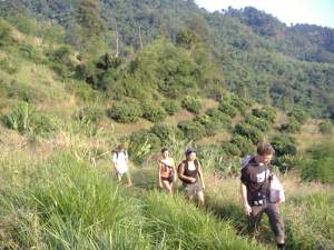 Tour group hiking in the mountains of