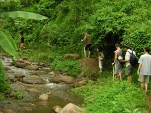 Tour group trekking in the mountains of