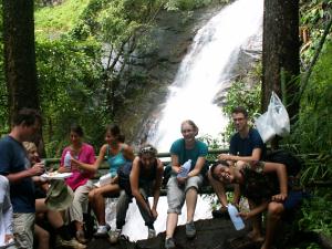 Tour group trekking in the mountains of