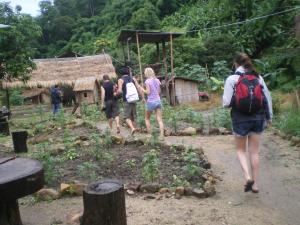 Tour group trekking in the mountains of